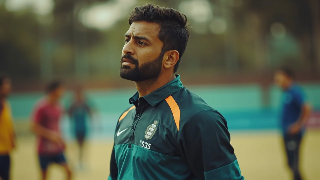 A coach and a batsman talk through a field placement during a T20 practice session on a flat Indian track